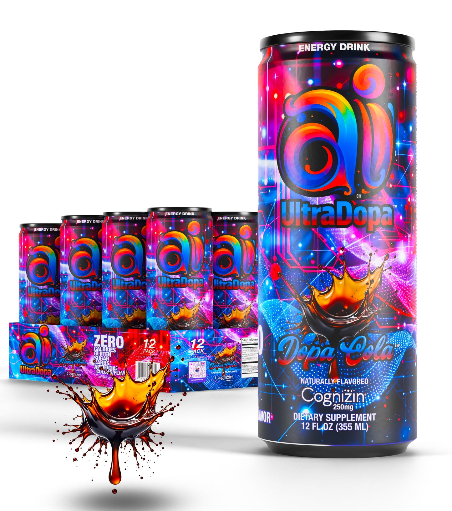 12-pack of Ai UltraDopa Dopa Cola in can Ai energy drink no sugar with colorful packaging on a white background
