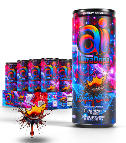 12-pack of Ai UltraDopa Dopa Cola in can Ai energy drink no sugar with colorful packaging on a white background