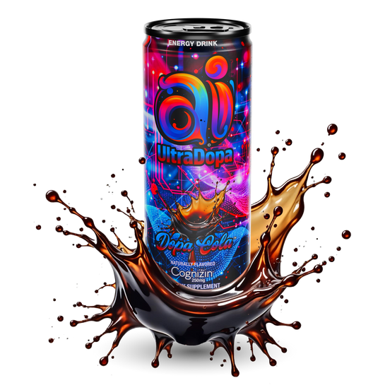 Ai UltraDopa Dopa Cola Ai energy drink in can with dark but colorful design with splashing cola effect on a transparent background