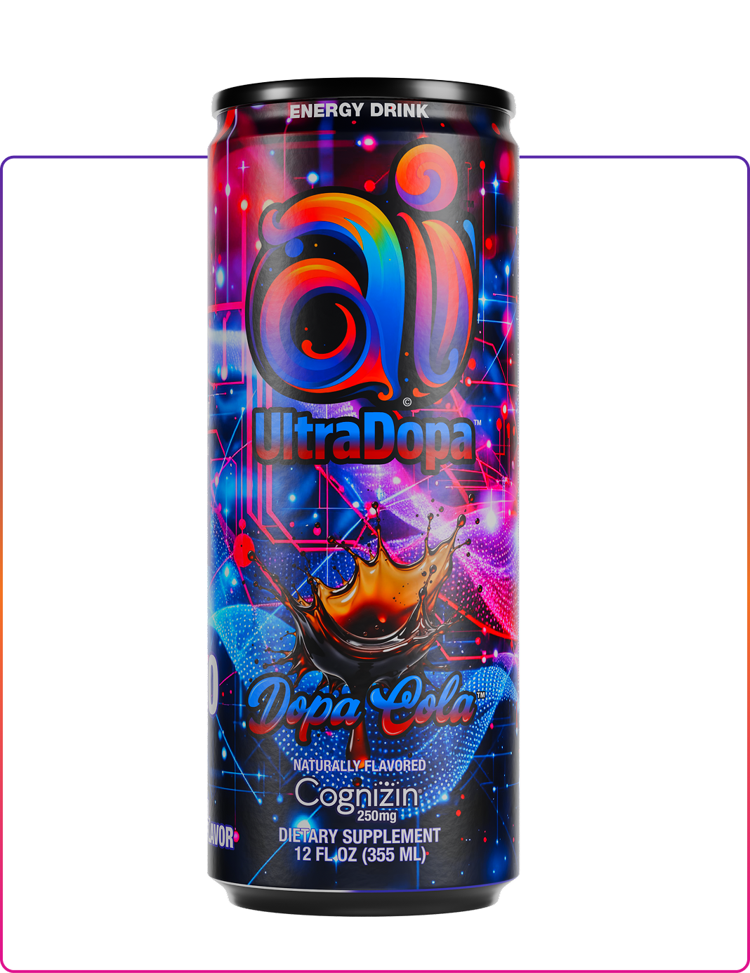Colorful can of Ai UltraDopa Dopa Cola no sugar Ai energy drink on transparent background