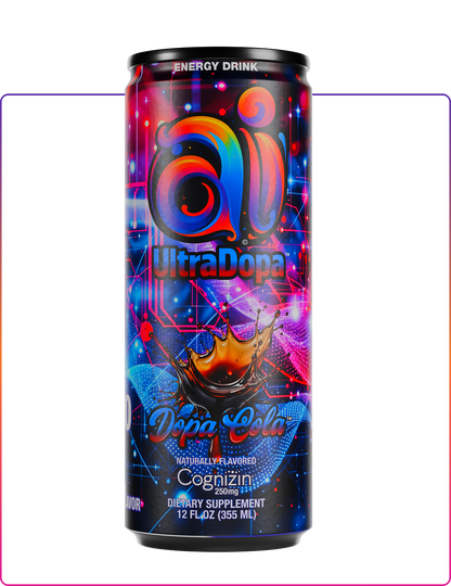 Colorful can of Ai UltraDopa Dopa Cola no sugar Ai energy drink on transparent background