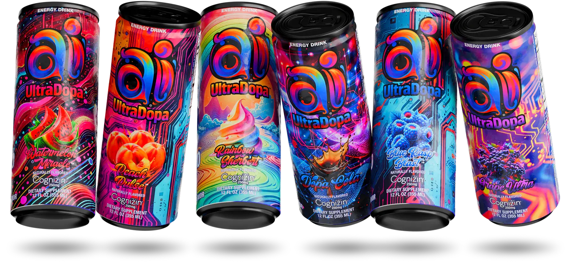 Set of colorful Ai UltraDopa Ai Energy Drink cans arranged in a row.