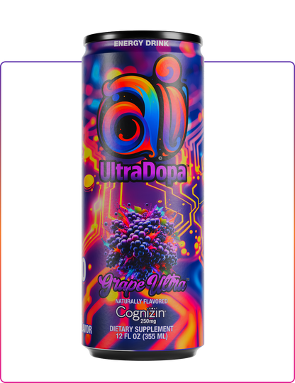 Ai UltraDopa Grape Ultra Ai energy drink in can with colorful design with grapes graphic on a clear transparent background