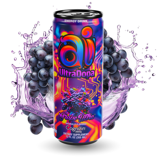 Ai UltraDopa Grape Ultra Ai energy drink in can with colorful design and grapes graphic in front of a bunch of grape with purple water splash effect around it on a clear transparent background

