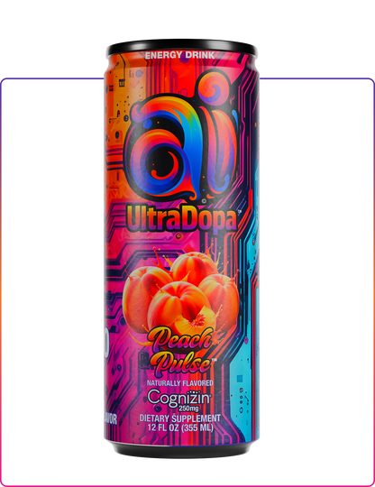 Ai UltraDopa Peach Pulse Ai energy drink in can with colorful design with peaches on it on a clear transparent background