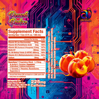Ai UltraDopa Peach Pulse Ai energy drink supplement label with colorful design and peaches graphics and ingredient list.