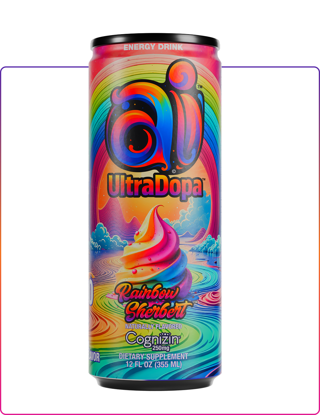 Colorful can of Ai UltraDopa Rainbow Sherbert Ai energy drink on a clear background