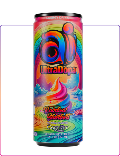 Colorful can of Ai UltraDopa Rainbow Sherbert Ai energy drink on a clear background