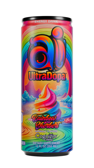 Ai UltraDopa Rainbow Sherbert Ai Energy Drink Rainbow Design can in transparent background