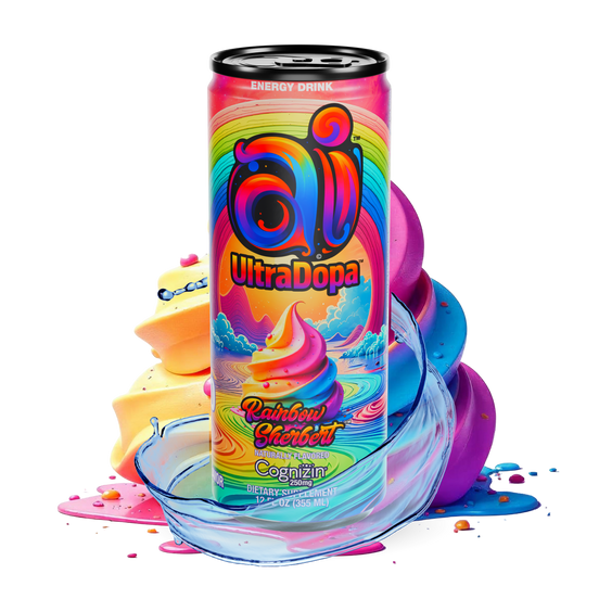 Ai UltraDopa Rainbow Sherbert can Ai Energy Drink in Rainbow Design in front of a rainbow-colored ice cream in transparent background