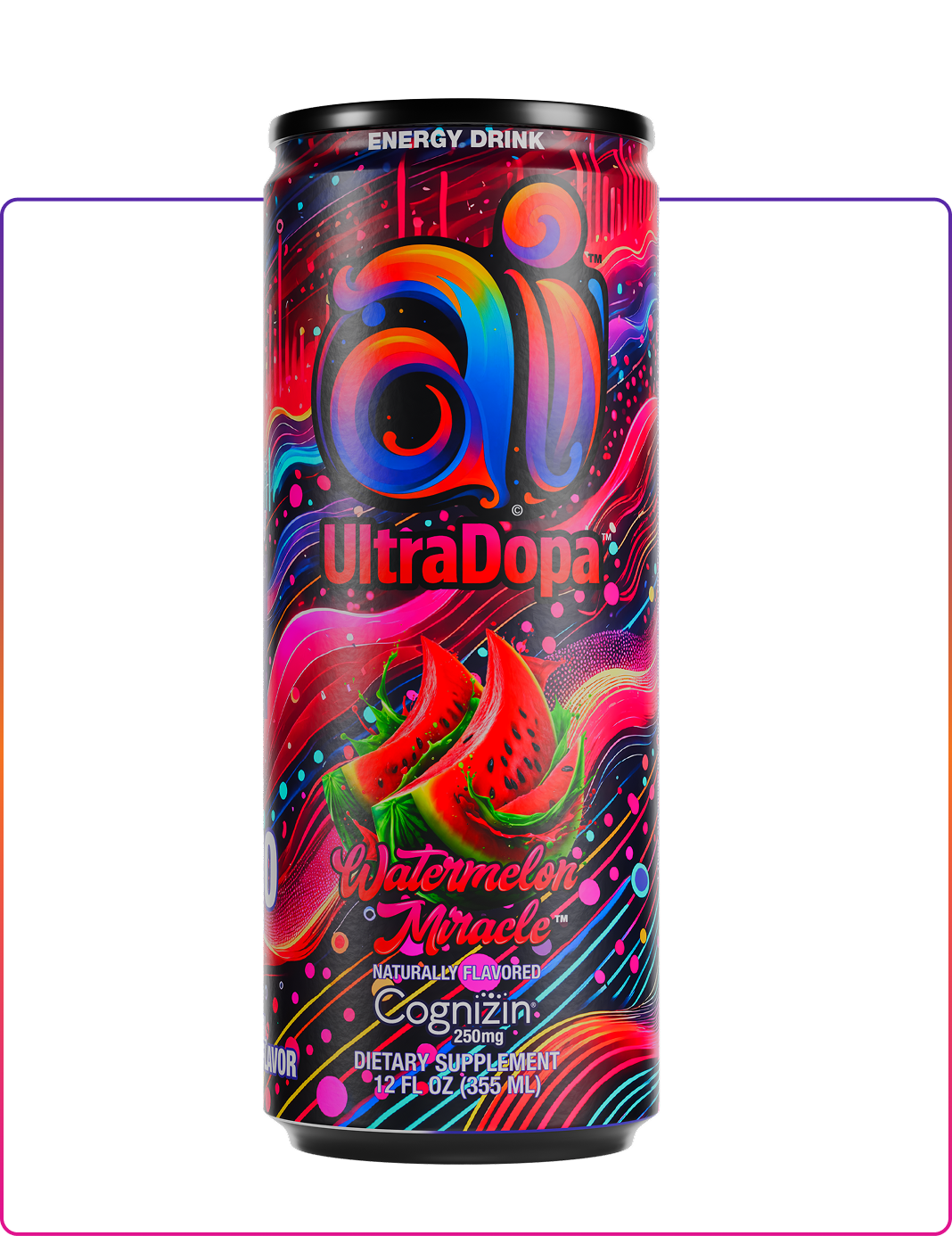 Ai UltraDopa Watermelon Miracle Ai energy drink in can with dark colorful design and watermelon graphic on a clear transparent background