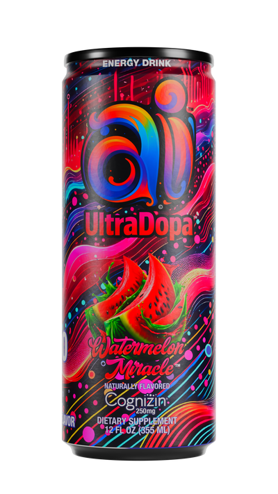 Ai UltraDopa Watermelon Miracle Ai energy drink in can with dark colorful design and watermelon graphic on a clear transparent background