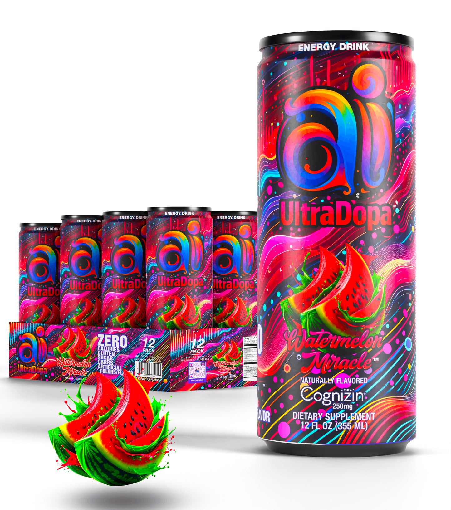 12-pack Ai UltraDopa Watermelon Miracle Ai energy drink in can with dark colorful design and watermelon graphic illustration on a white background