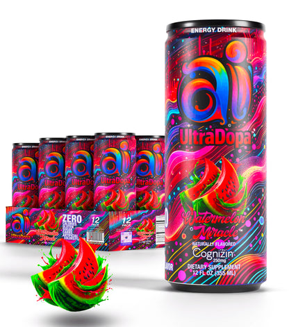 12-pack Ai UltraDopa Watermelon Miracle Ai energy drink in can with dark colorful design and watermelon graphic illustration on a white background