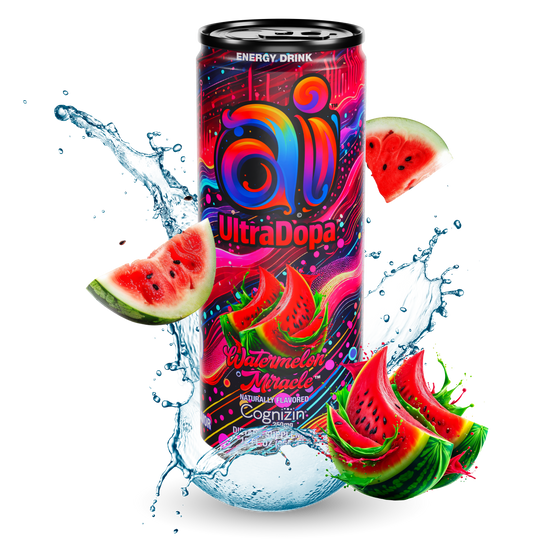 Ai UltraDopa Watermelon Miracle Ai energy drink in can with dark colorful design and watermelon graphics and water splash effect on a clear transparent background