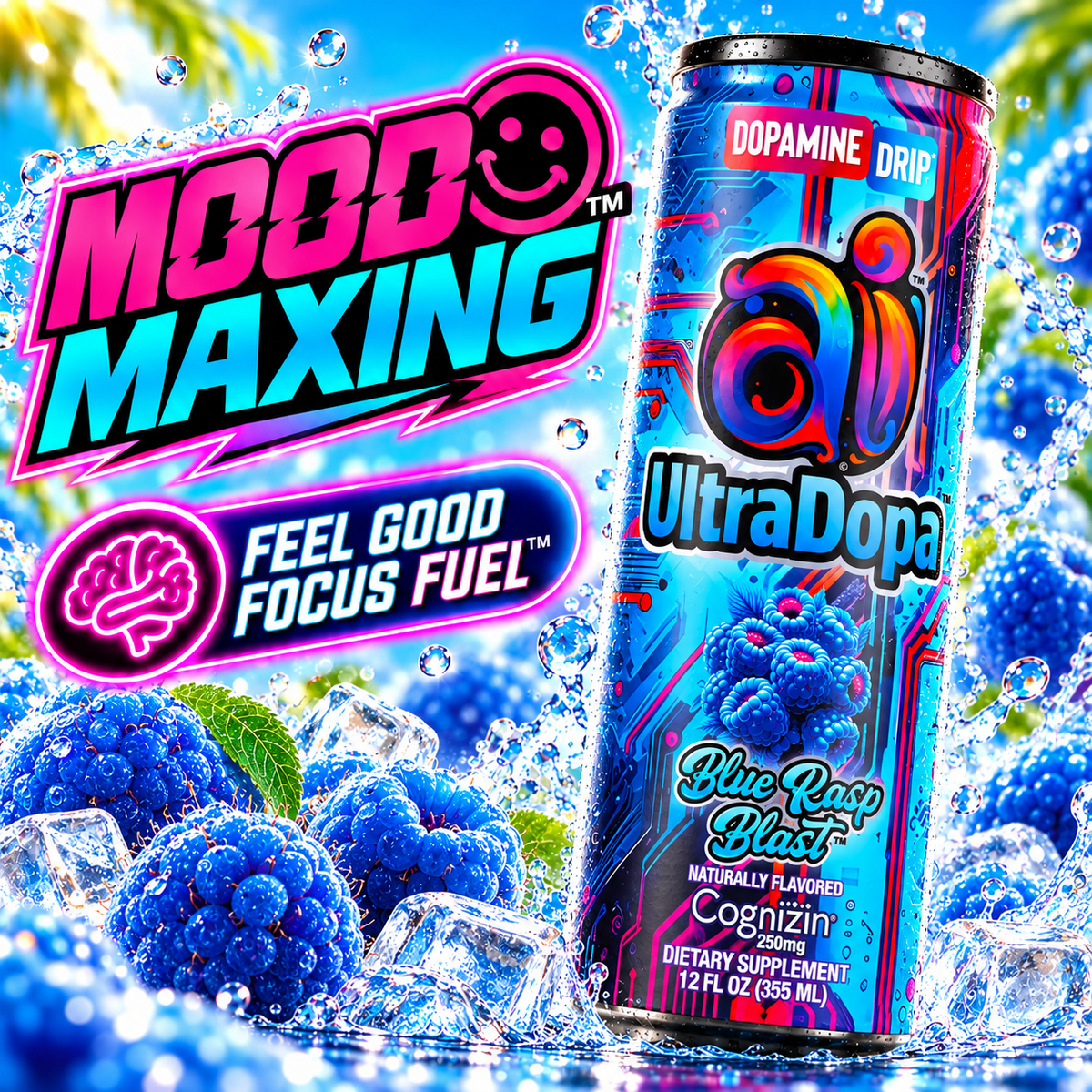 Ai UltraDopa™ Blue Rasp Blast | Sugar-Free Blue Raspberry Nootropic Energy Drink