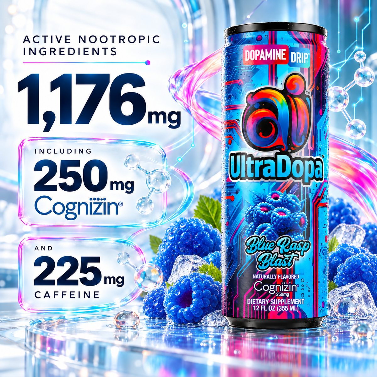 Ai UltraDopa™ Blue Rasp Blast | Sugar-Free Blue Raspberry Nootropic Energy Drink