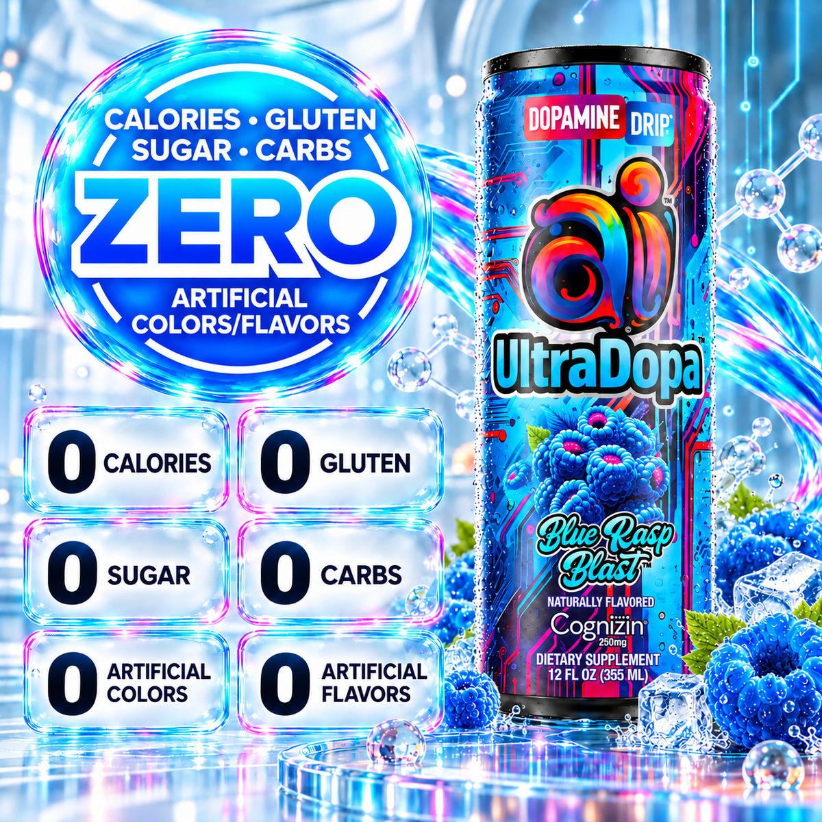 Ai UltraDopa™ Blue Rasp Blast | Sugar-Free Blue Raspberry Nootropic Energy Drink