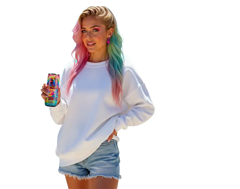 Person with colorful hair holding a can, wearing a white sweatshirt and denim shorts on a white background